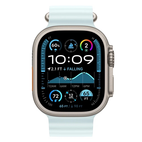 Часы Apple Watch Ultra 2 2024 Cellular, 49 мм, корпус из титана натурального цвета, ремешок Ocean band цвета «голубой лёд» (MYT03+MXTF3)