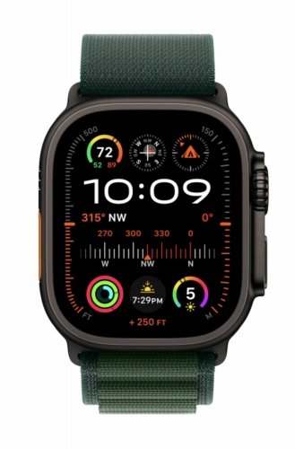 Часы Apple Watch Ultra 2 2024 Cellular, 49 мм, корпус из титана чёрного цвета, браслет Alpine Loop тёмно-зеленого цвета, размер S (MX4Q3)