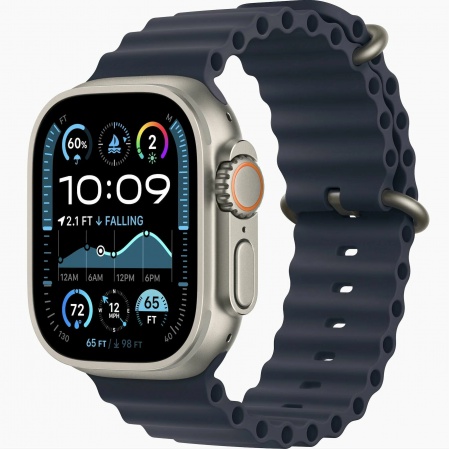 Часы Apple Watch Ultra 2 2024 Cellular, 49 мм, корпус из титана натурального цвета, ремешок Ocean Band тёмно-синего цвета (MX4D3)