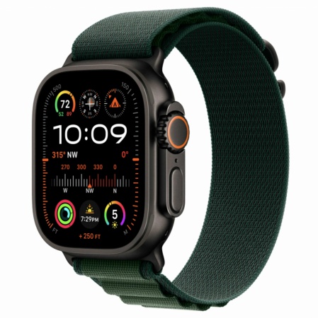 Часы Apple Watch Ultra 2 2024 Cellular, 49 мм, корпус из титана чёрного цвета, браслет Alpine Loop тёмно-зеленого цвета, размер S (MX4Q3)