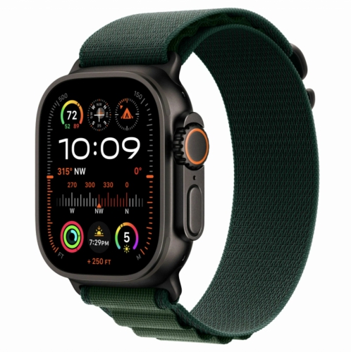 Часы Apple Watch Ultra 2 2024 Cellular, 49 мм, корпус из титана чёрного цвета, браслет Alpine Loop тёмно-зеленого цвета, размер S (MX4Q3)